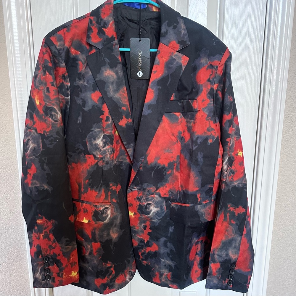 Flames Men’s Smokers Jacket Blazer-Large-Whimsigoth Fire Ash Avatar Cosplay NWT